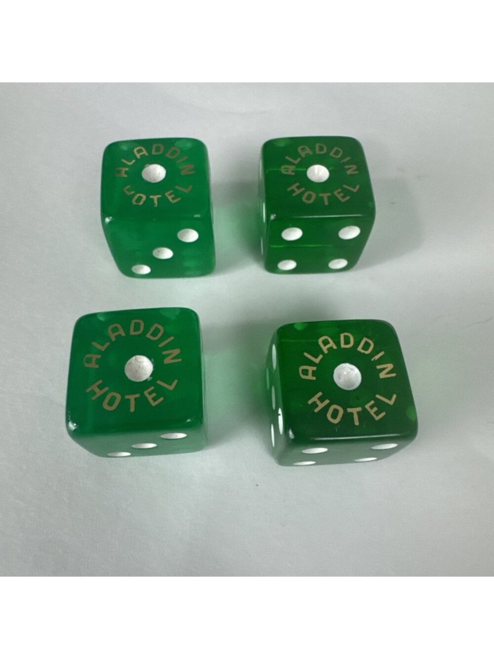 Vtg Aladdin Hotel & Casino Green Dice Set of 4 Las Vegas souvenir gambling bb